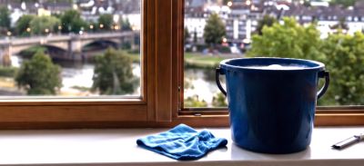 Fensterbank mit Eimer und Reinigungsmitteln, im Hintergrund Panorama von Mülheim.