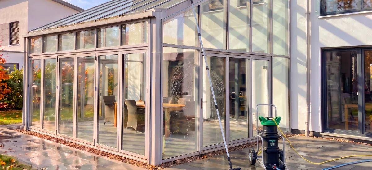 Gereinigter Wintergarten eines modernen Hauses mit klaren Glasflächen